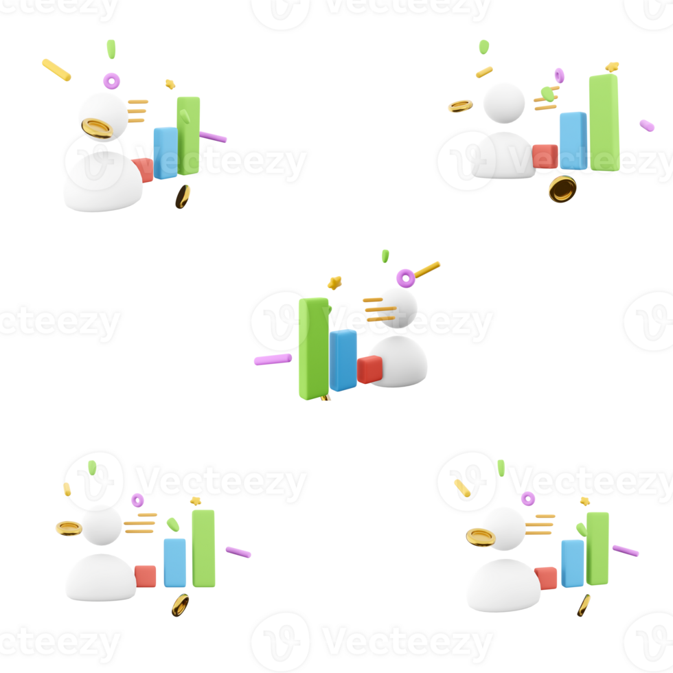 3d rendering user and increasing histogram with confetti icon set. 3d render chart bar grow up different positions icon set. png