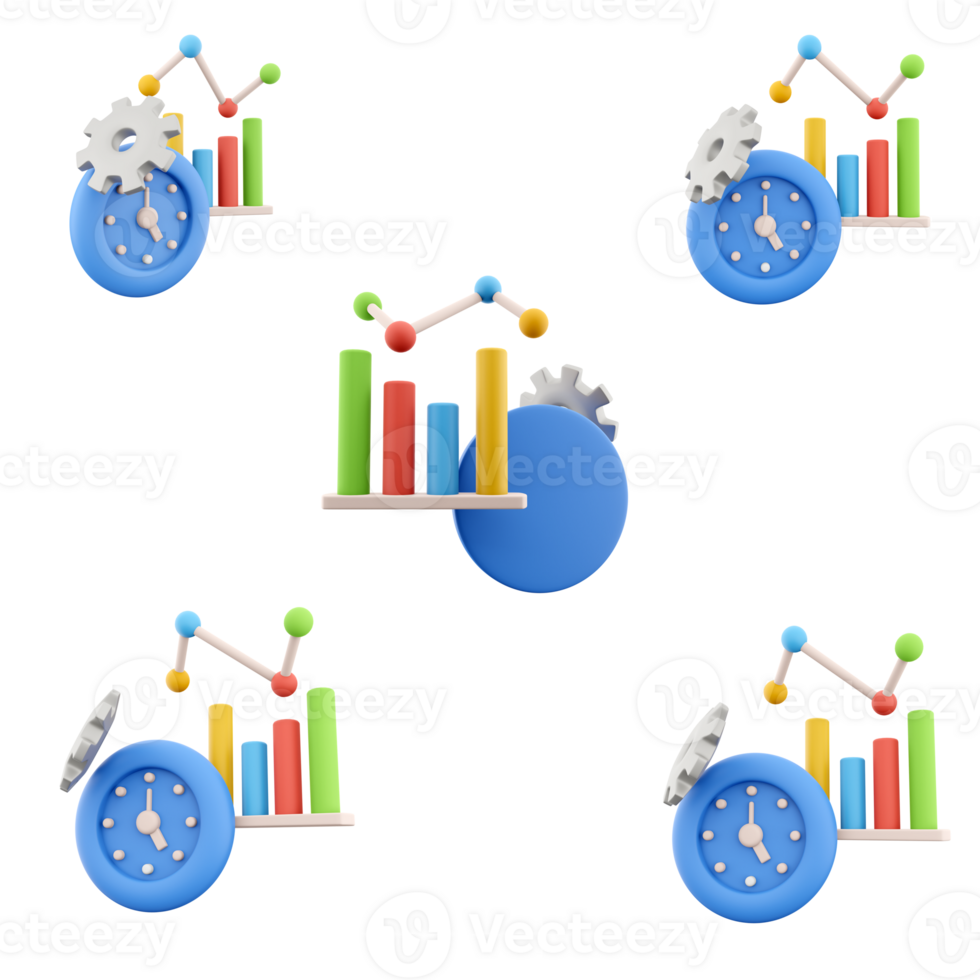 3d representación bar gráfico con flecha y reloj con engranaje icono colocar. 3d hacer estadístico negocio infografía elemento modelo diferente posiciones icono colocar. png