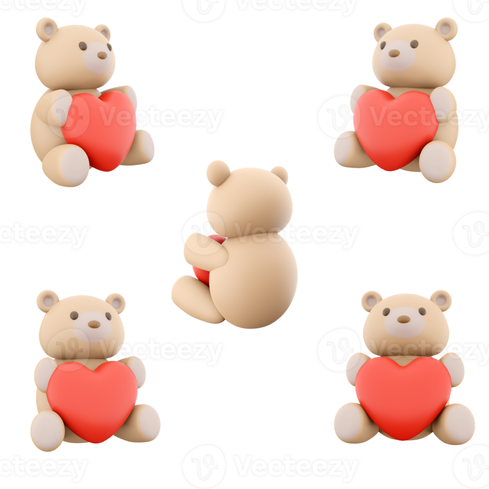 3d rendering toy bear with a heart in his hands icon set. 3d render teddy bear with a heart-shaped balloon different positions icon set. png