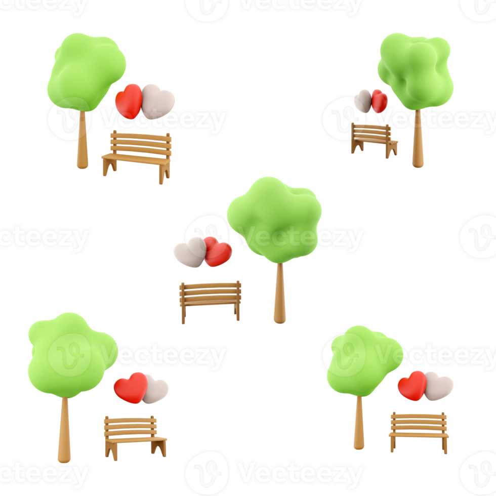 3d rendering love park bench and green tree beside icon set. 3d render Valentine's day garden bench with heart different positions icon set. png