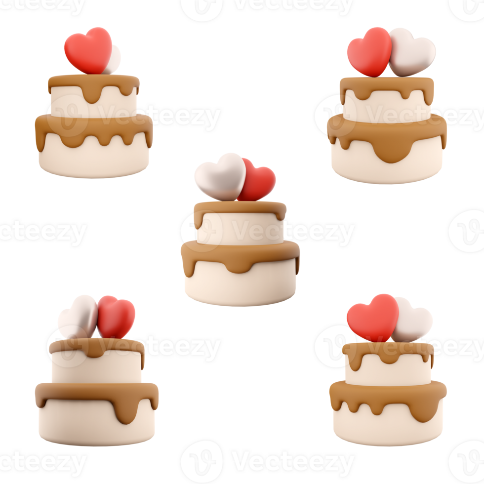3d rendering double layer cake for valentine's day icon set. 3d render cake with white and red heart on top different positions icon set. png