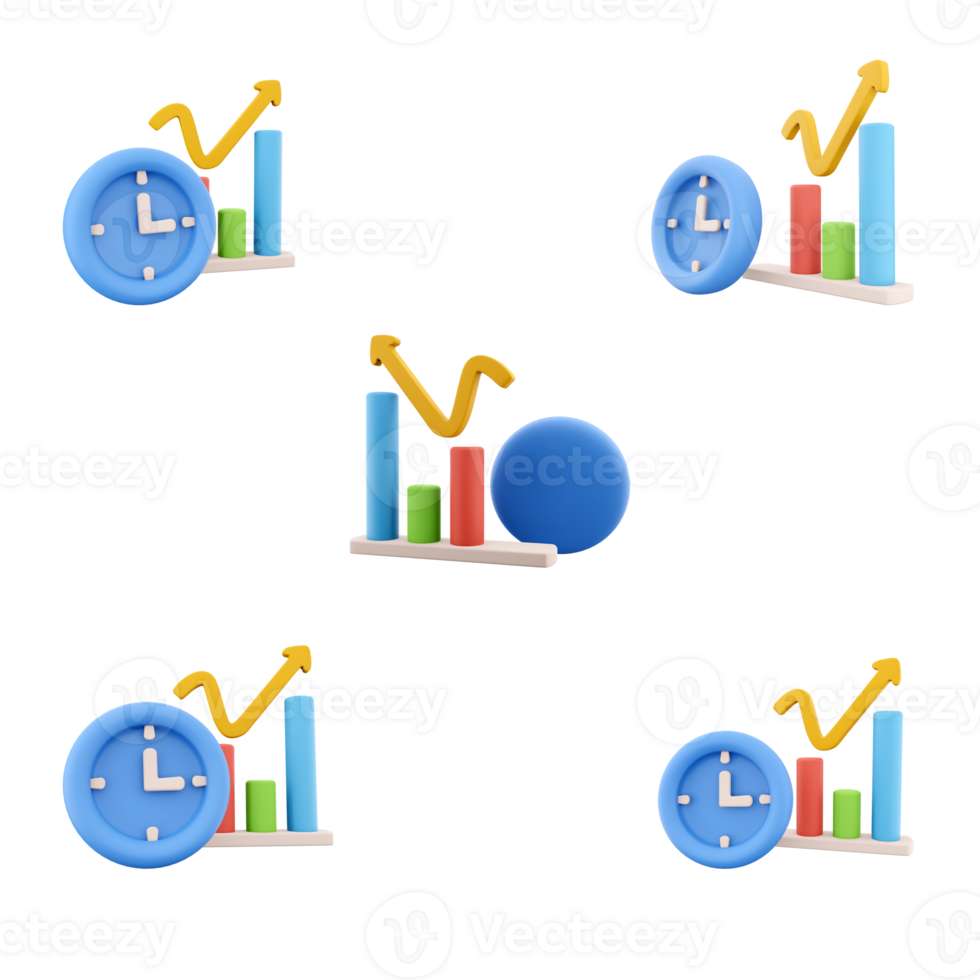 3d rendering charts, clocks and arrow icon set. 3d render business themes and economic developments different positions icon set. png