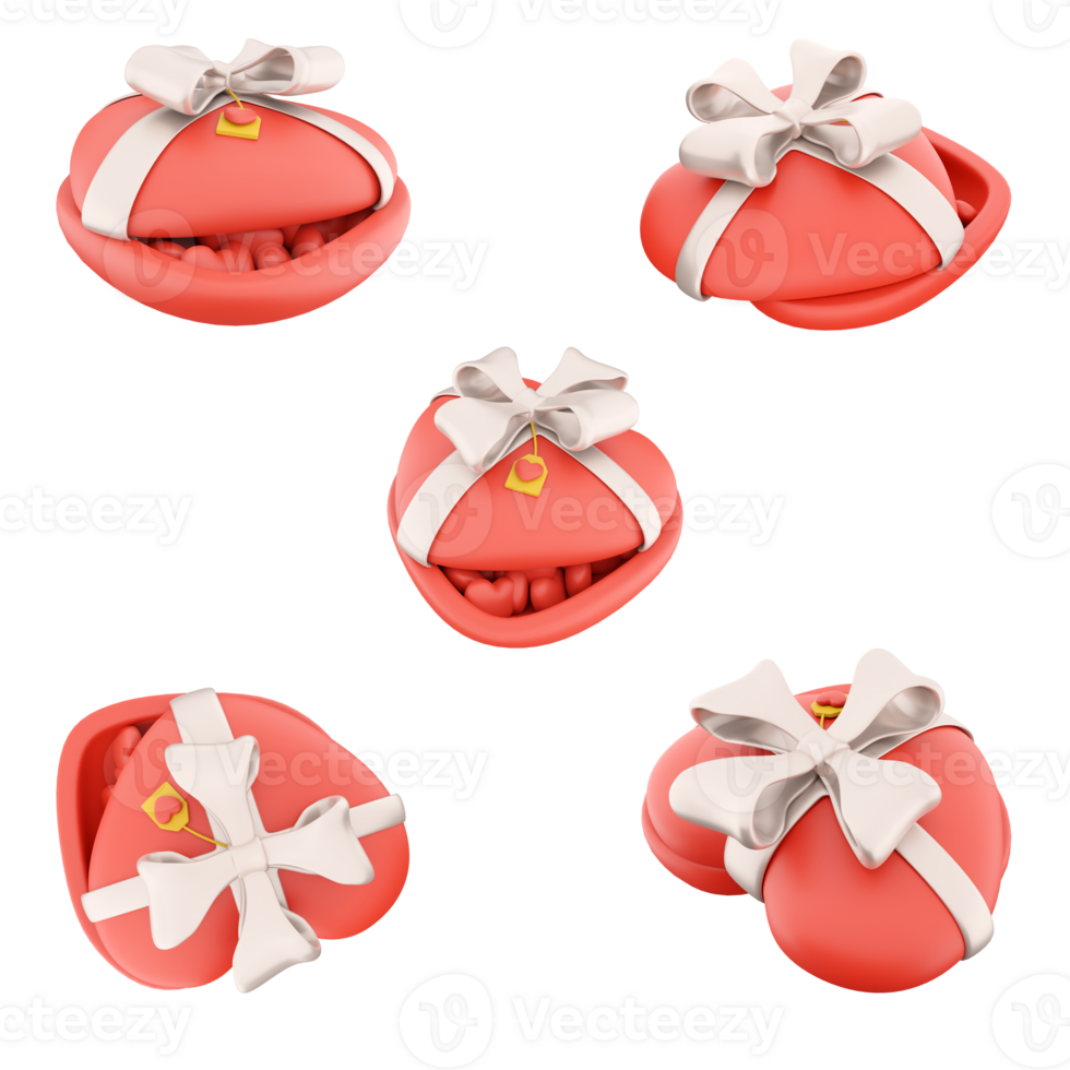 3d rendering heart shape balloons and ribbons popping out of gift box icon set. 3d render Valentine's Day element different positions icon set. png