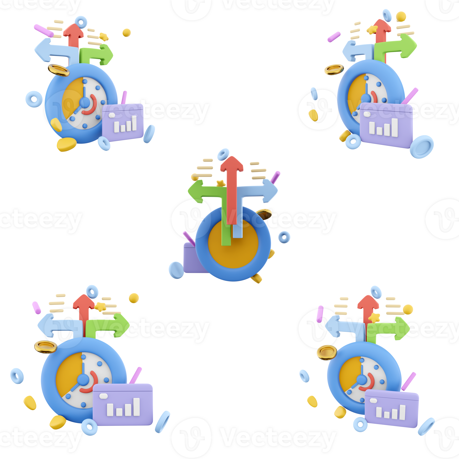 3d rendering timer with arrows in different directions icon set. 3d