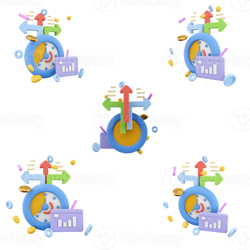 3d rendering timer with arrows in different directions icon set. 3d render alarm clock with reminder and confetti different positions icon set. png