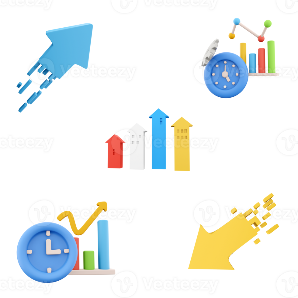 3d Rendern Dynamik von Kurs online Grafik, Handel Pfeil, Austausch Preis Diagramm, Wachstum und Änderungen im Wert, Berichterstattung jährlich und vierteljährlich Profite Symbol Satz. 3d machen Geschäft Konzept Symbol Satz. png