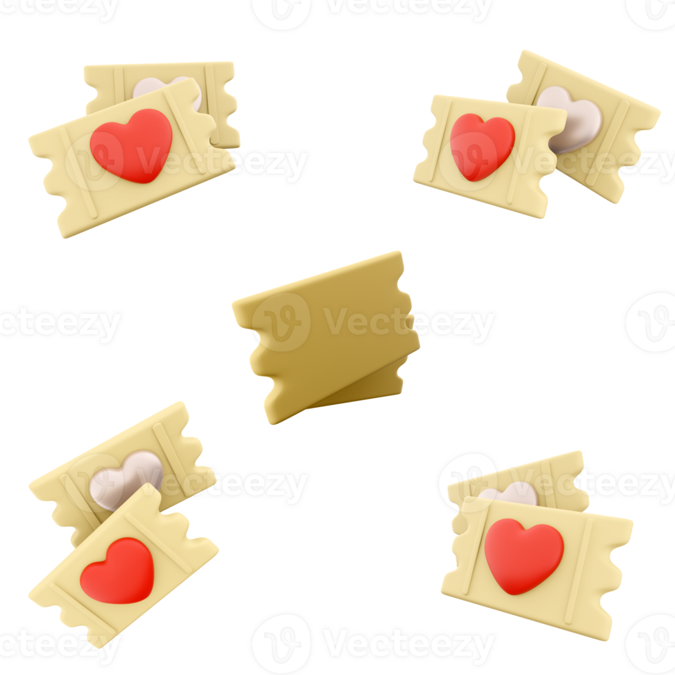 3d rendering red boarding pass with heart icon set. 3d render ticket for valentine's day different positions icon set. png