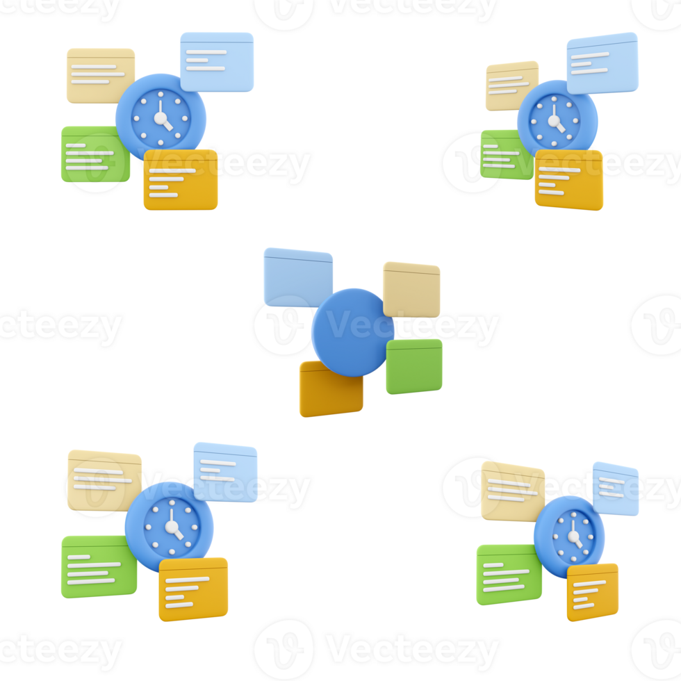 3d rendering clock with four notifications icon set. 3d render reminder for work and plan different positions icon set. png
