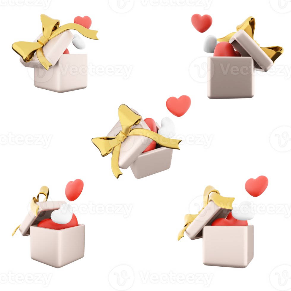 3d rendering white gift box with red and white hearts icon set. 3d render box with yellow gift ribbon for valentines day different positions icon set. png