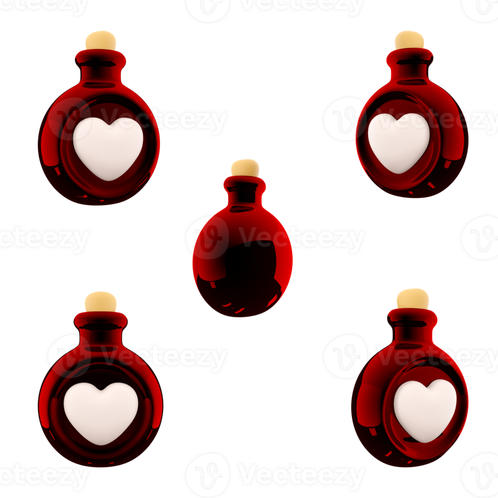 3d rendering a bottle of wine icon set. 3d render wine in a round bottle with a heart emblem different positions icon set. png