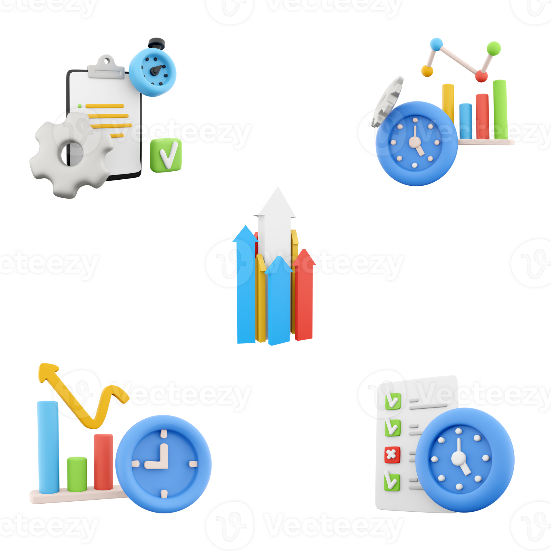 3d rendering notepad with notes, timer and gear, growing up colorful