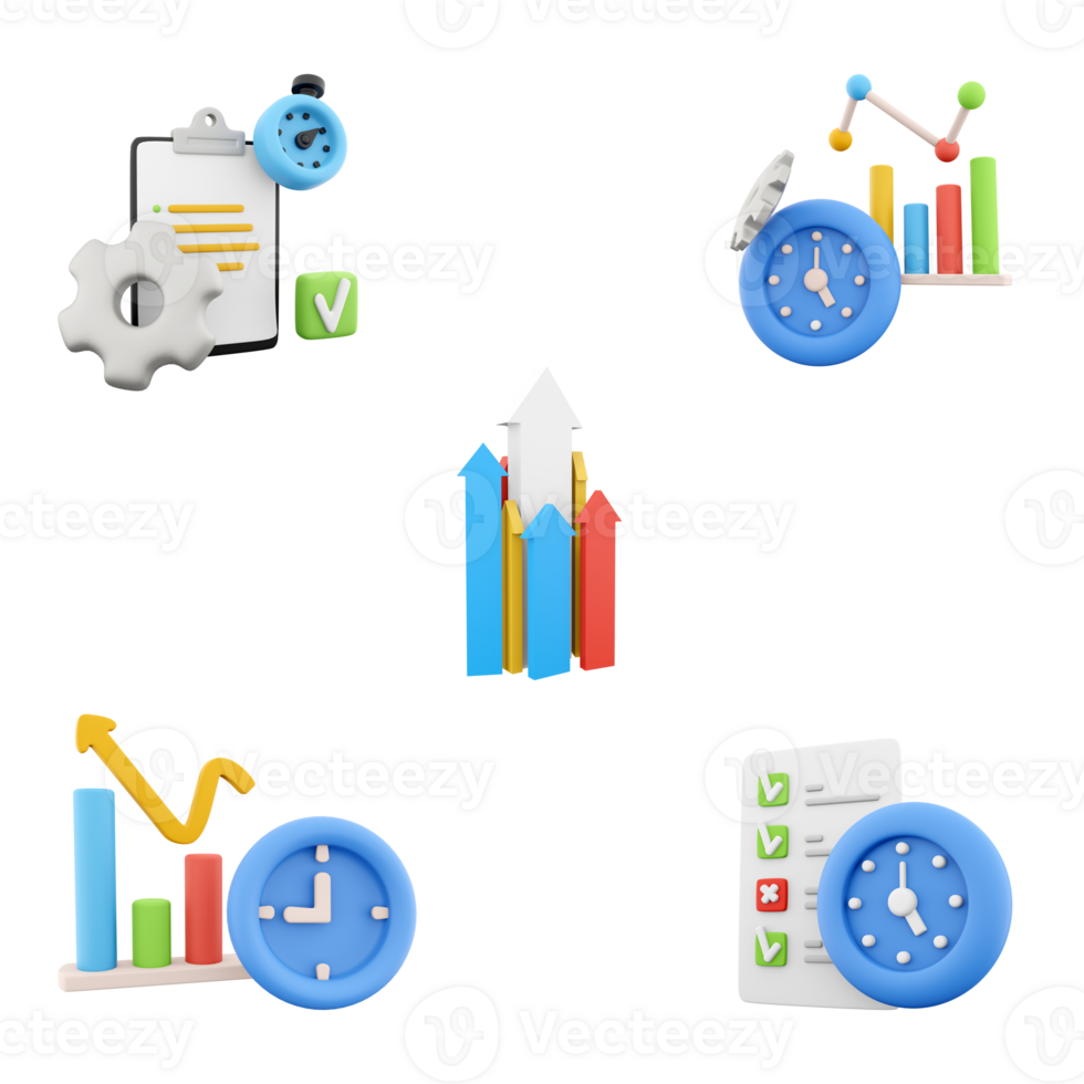 3d rendering notepad with notes, timer and gear, growing up colorful arrows, chart bar with arrow, gear, notebook and clock icon set. 3d render business concept icon set. png