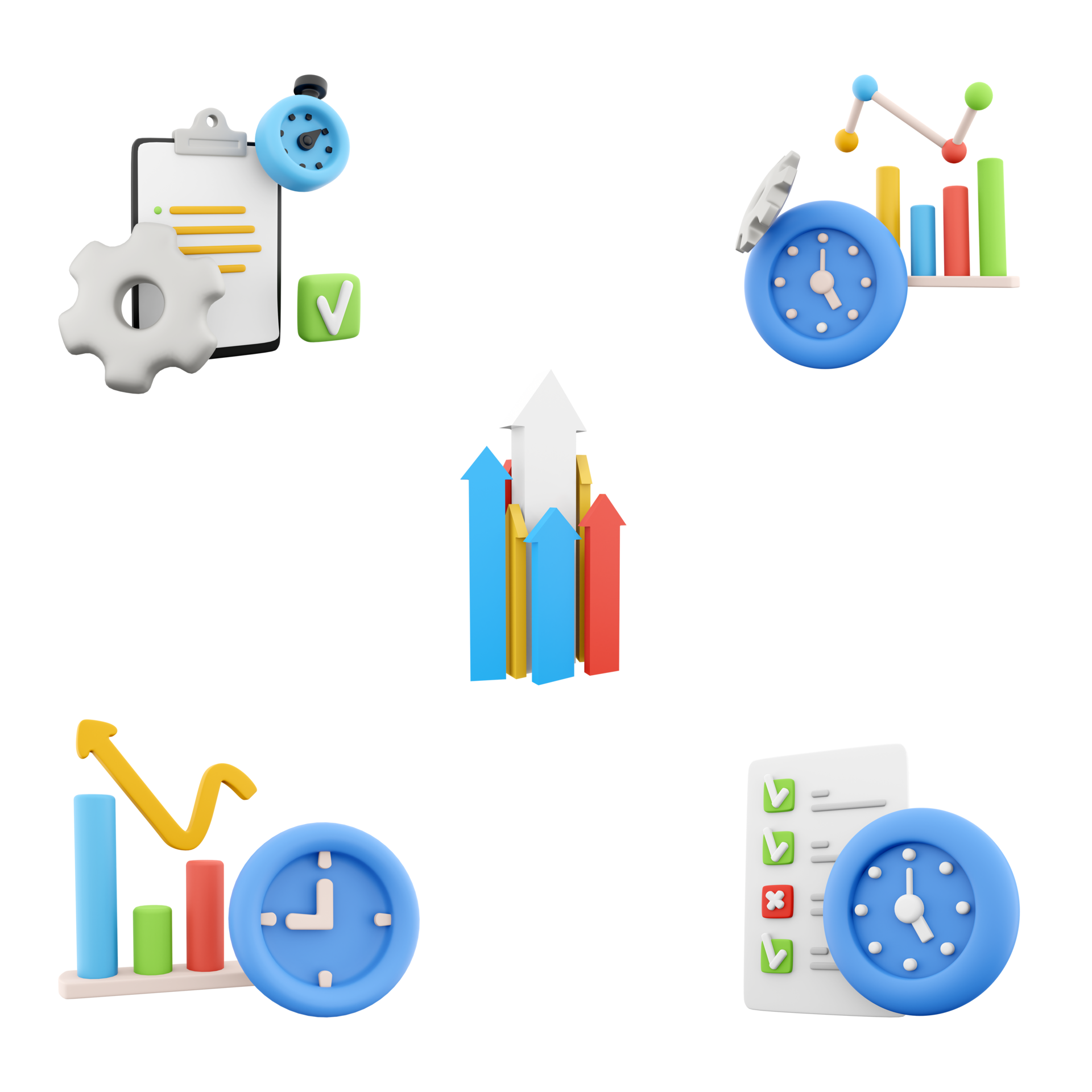 3d rendering notepad with notes, timer and gear, growing up colorful