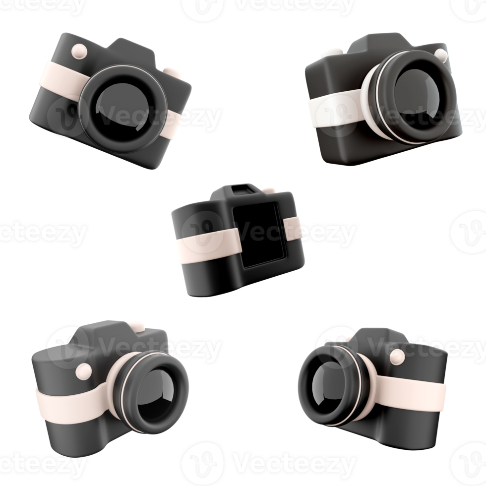 3d rendering photo camera with with lens and button icon set. 3d render black and white color camera different positions icon set. png