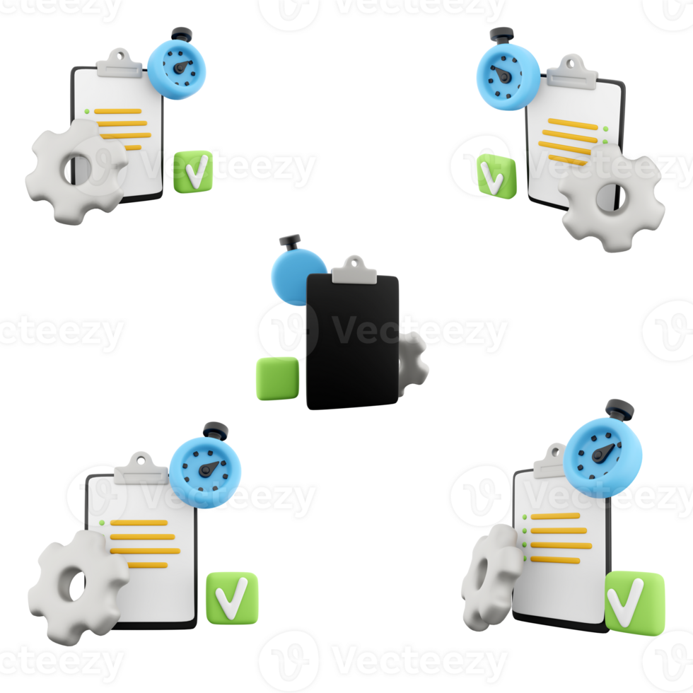 3d rendering notepad, timer and gear icon set. 3d render Work in focus, productivity, self discipline different positions icon set. png