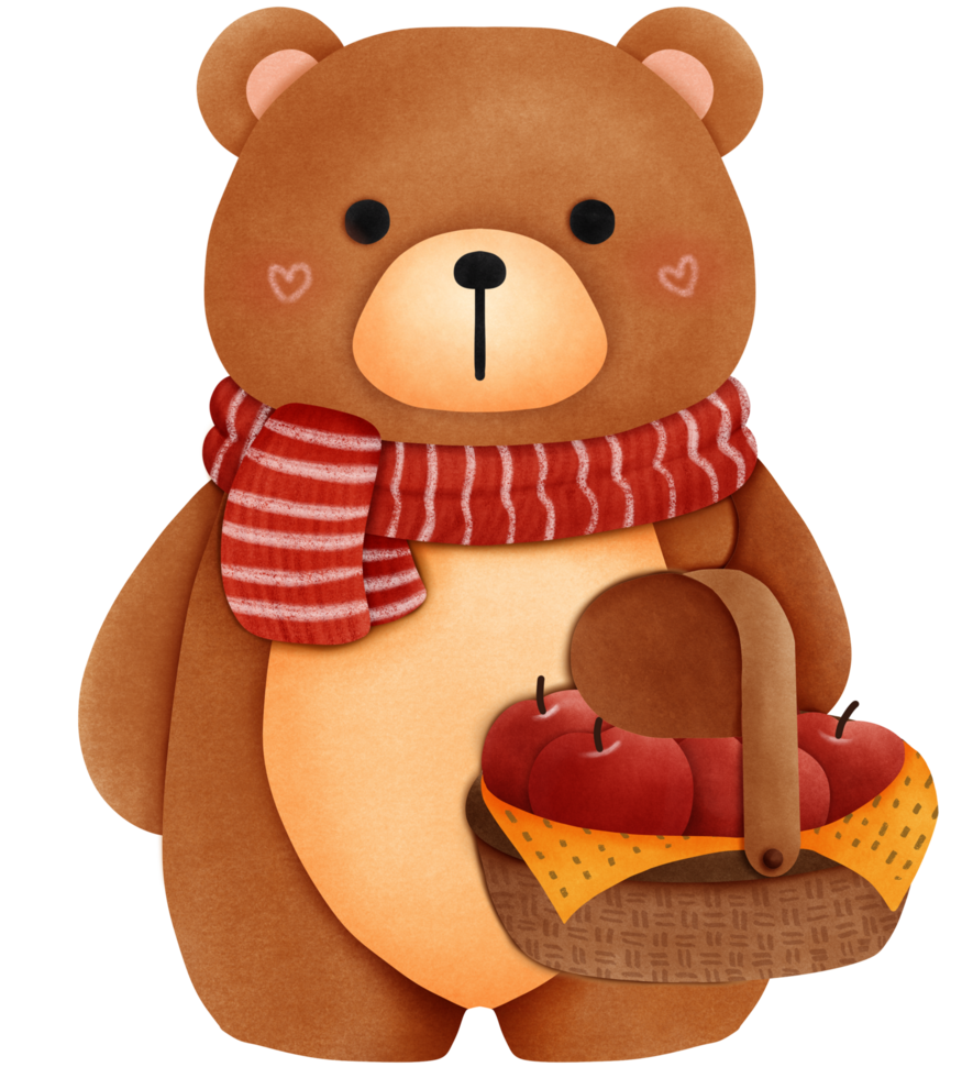 süß Grizzly Teddy Bär mit Apfel Korb png