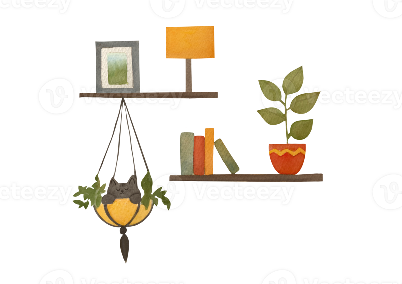 set of watercolor elements on transparent background for scrapbooking and interior design. cat is sitting, on wooden shelf there are books, flower in pot, table lamp, vase with fruit and watering can png