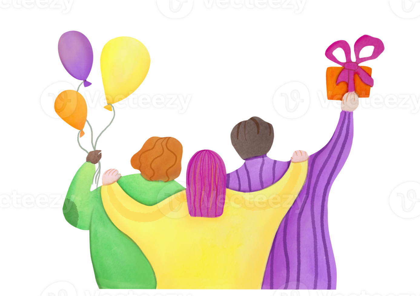 group of Happy People Congratulate on holiday, Birthday, hold balloons and gift boxes with presents in their hands. Watercolor greeting card for Friends, in trendy colors on transparent background png