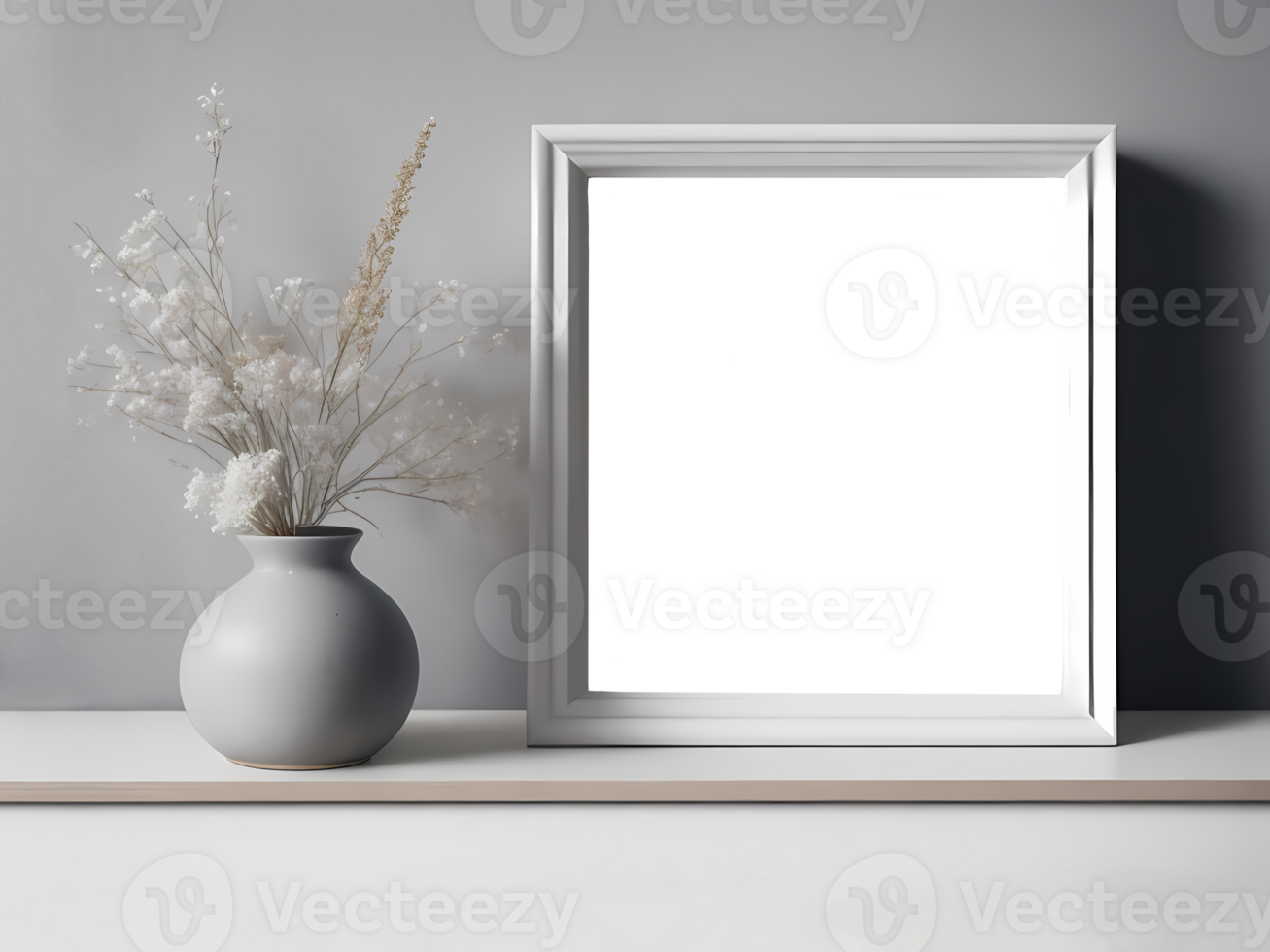 Portrait Square white picture frame mockup on vintage bench, table. Modern ceramic vase with dry Lagurus ovatus grass, Template for placing photos, paintings, drawings in the office. png