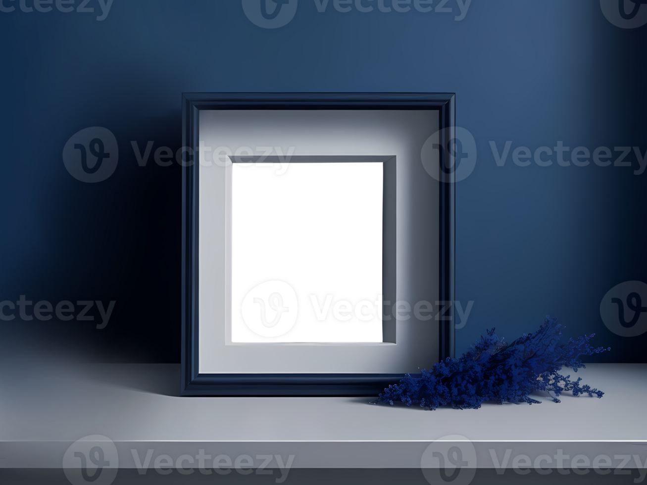 mockup with square black empty photo frame and dried flowers. objects stand on light table against dark wall. decor of modern minimalist interior. png