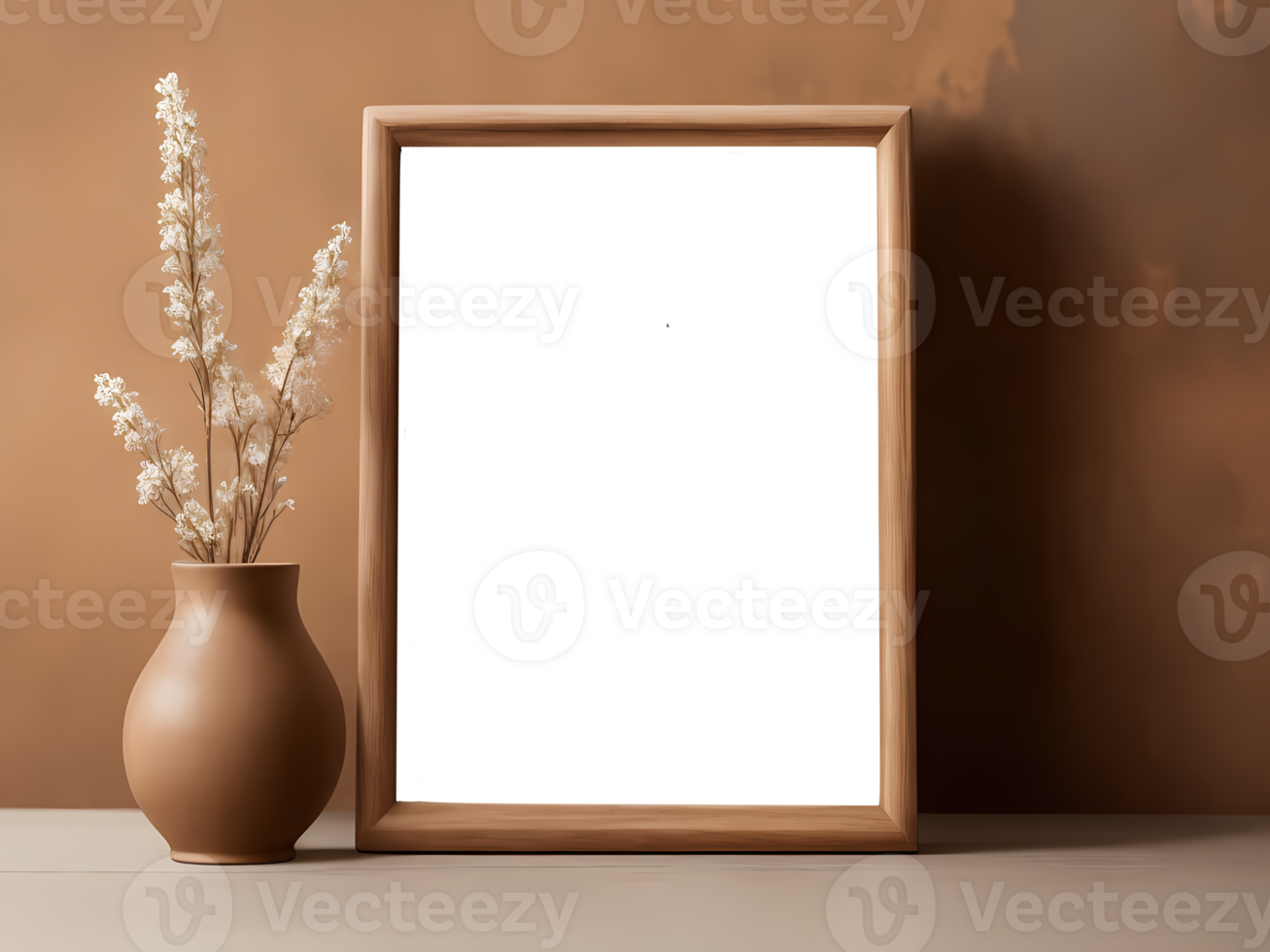 empty picture frame mockup on wooden table. Interior design of living room with brown mock up photo frame. Beige modern design of cozy interior in eco style made of natural materials. png