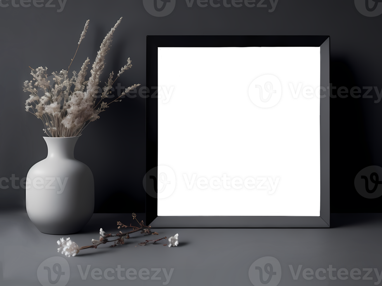 mockup with square black empty photo frame and ceramic vase with dried flowers. objects stand on light table against black wall. decor of modern minimalist interior. Ai generated png