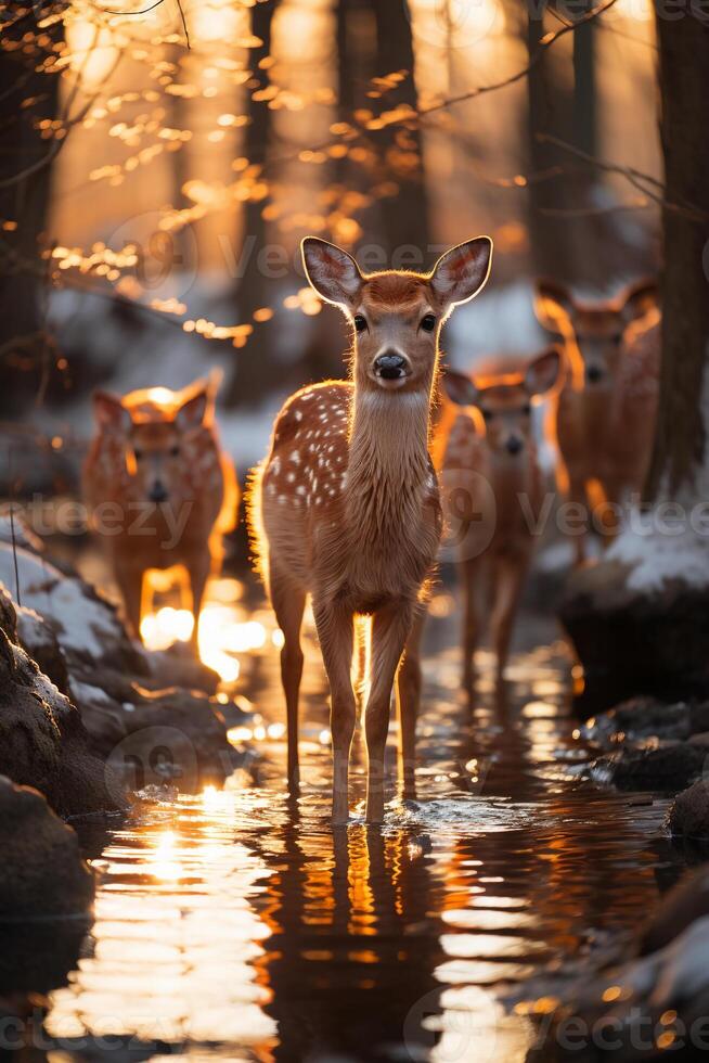 Stunning photography of a herd of deer in frozen forest. photo