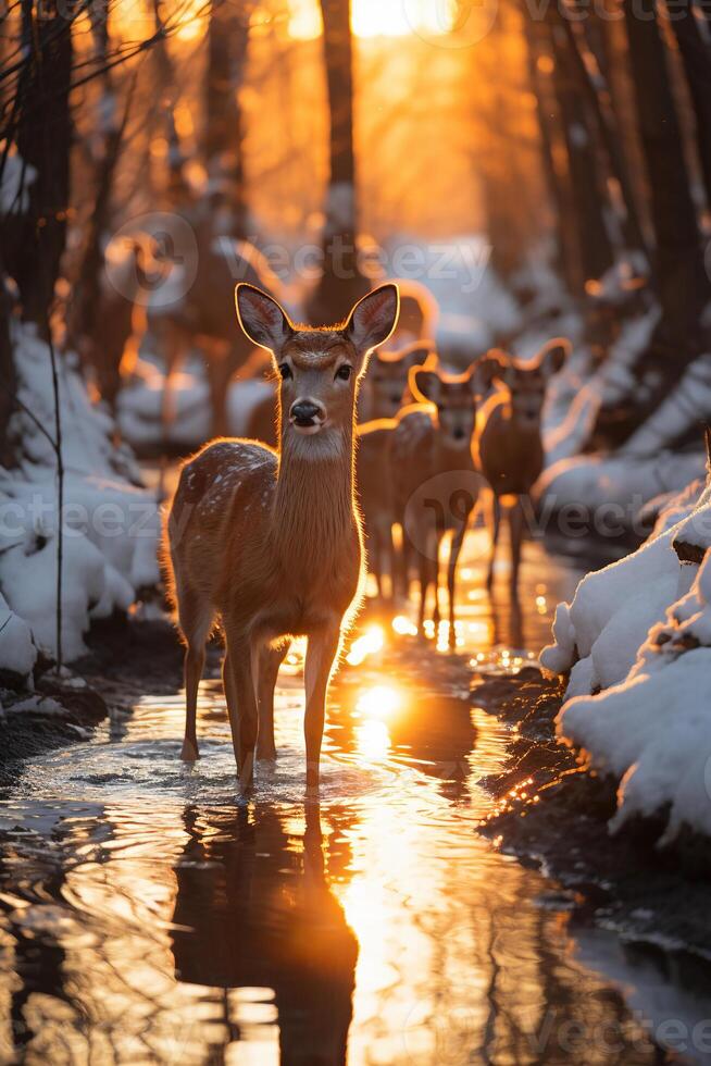 Stunning photography of a herd of deer in frozen forest. AI generative photo