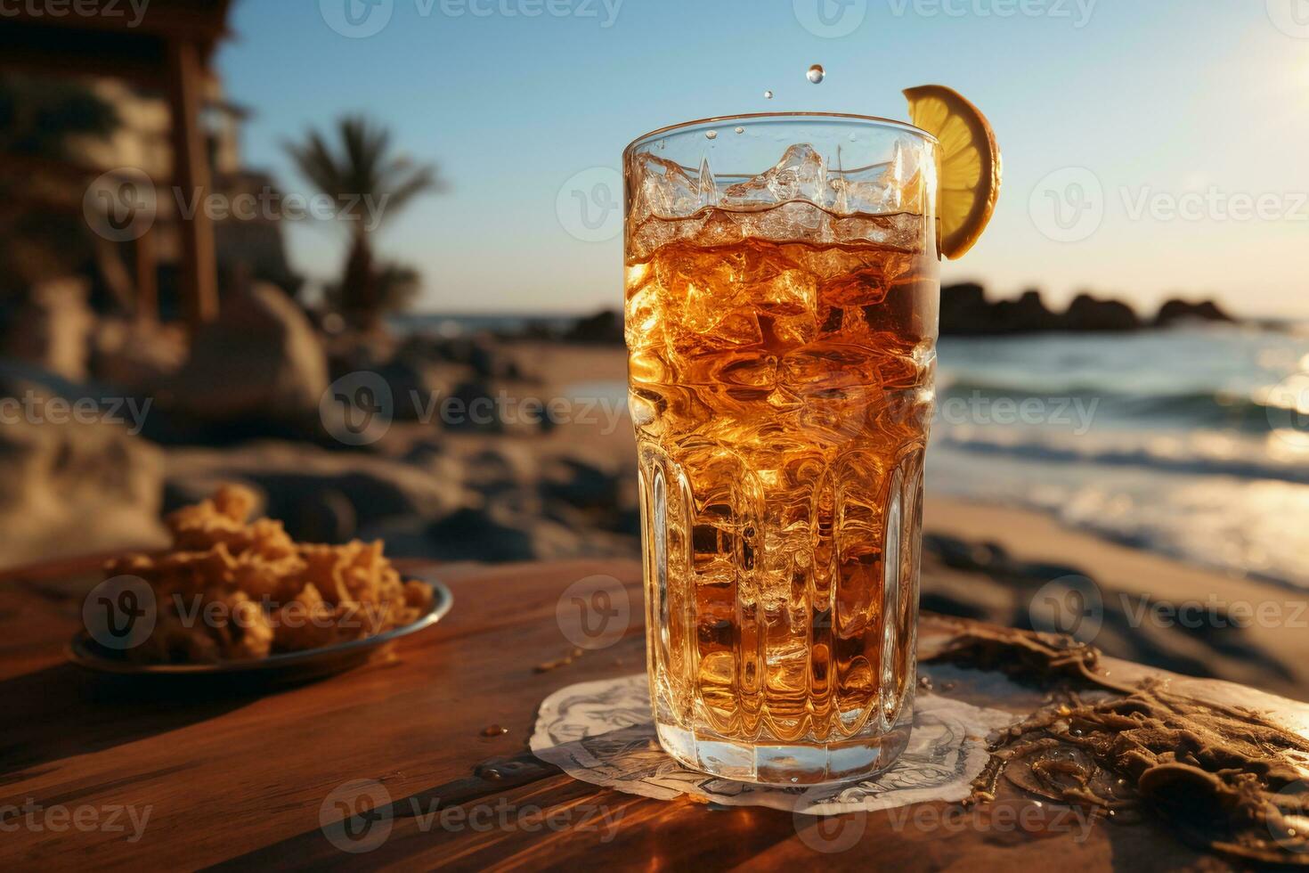 Icecold beer in glass on a beach. AI generative photo