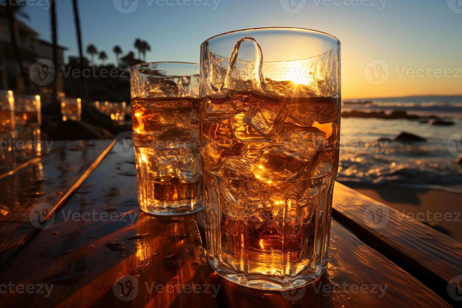 Icecold beer in glass on a beach. AI generative photo