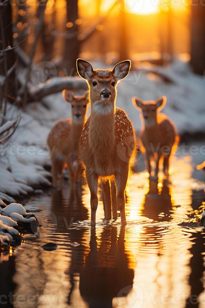 Stunning photography of a herd of deer in frozen forest. AI generative photo