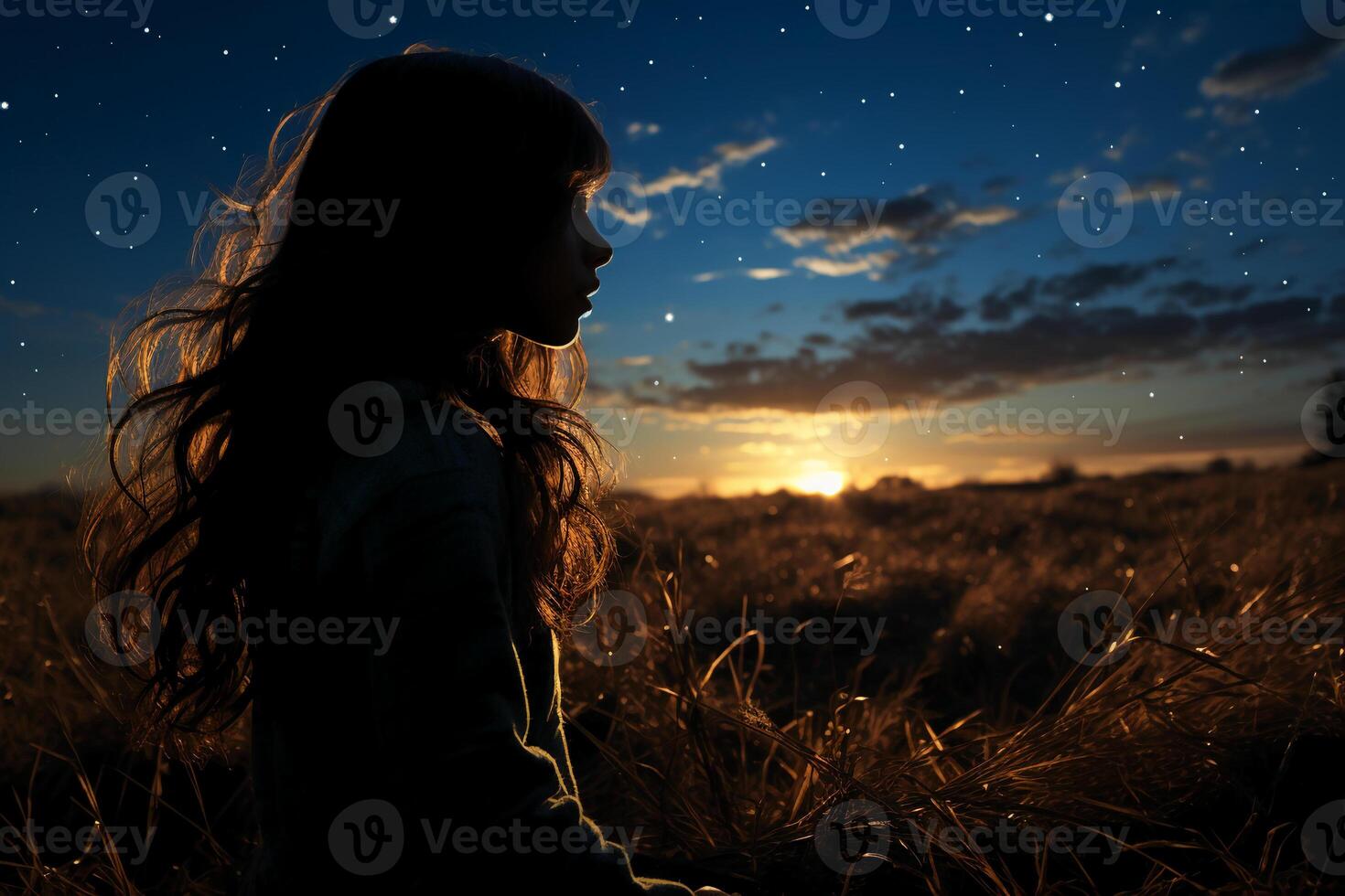 Silhoutte of girl looking into space on a field. photo