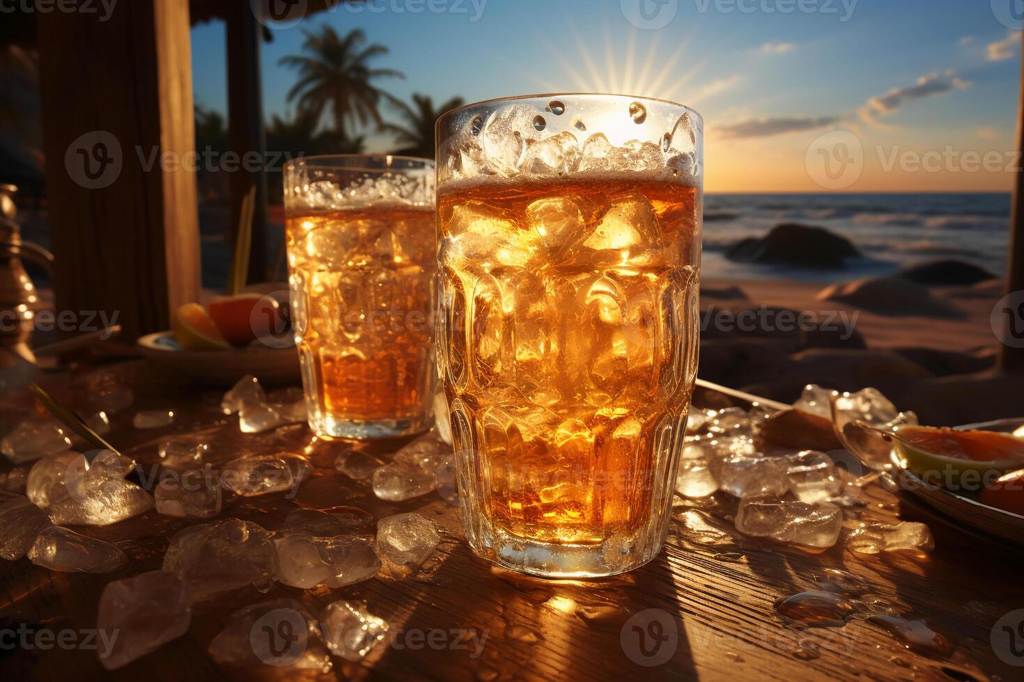 Icecold beer in glass on a beach. AI generative photo