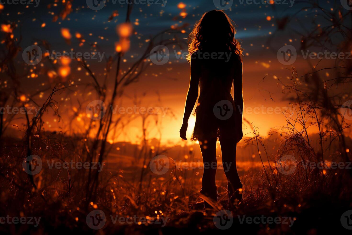 Silhoutte of girl looking into space on a field. AI generative photo