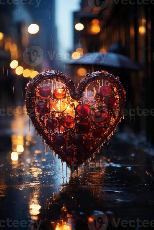 Heart shape, rainy window, wet street. AI generative photo