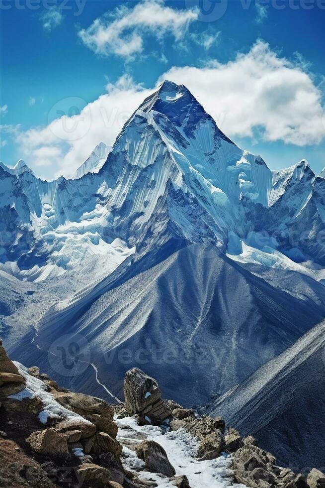 The base of mount everest from a rocky ground, in the style of light sky. AI generative photo