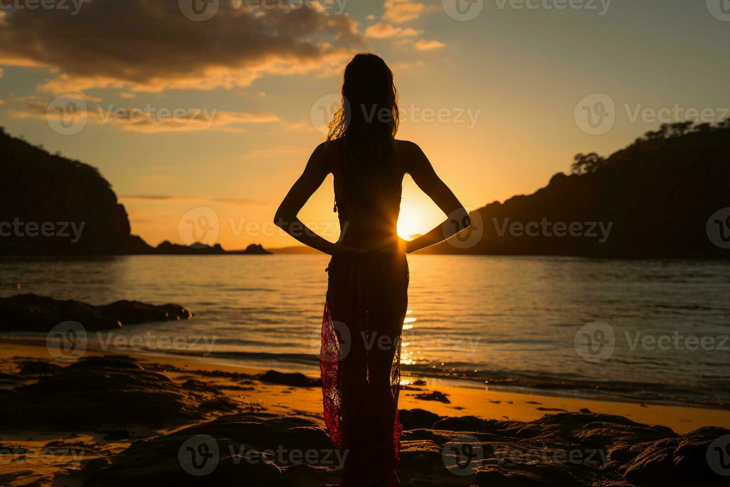 A cinematic and beautiful female active sportswear model, completing a yoga pose on a tranquil beach. AI generative photo