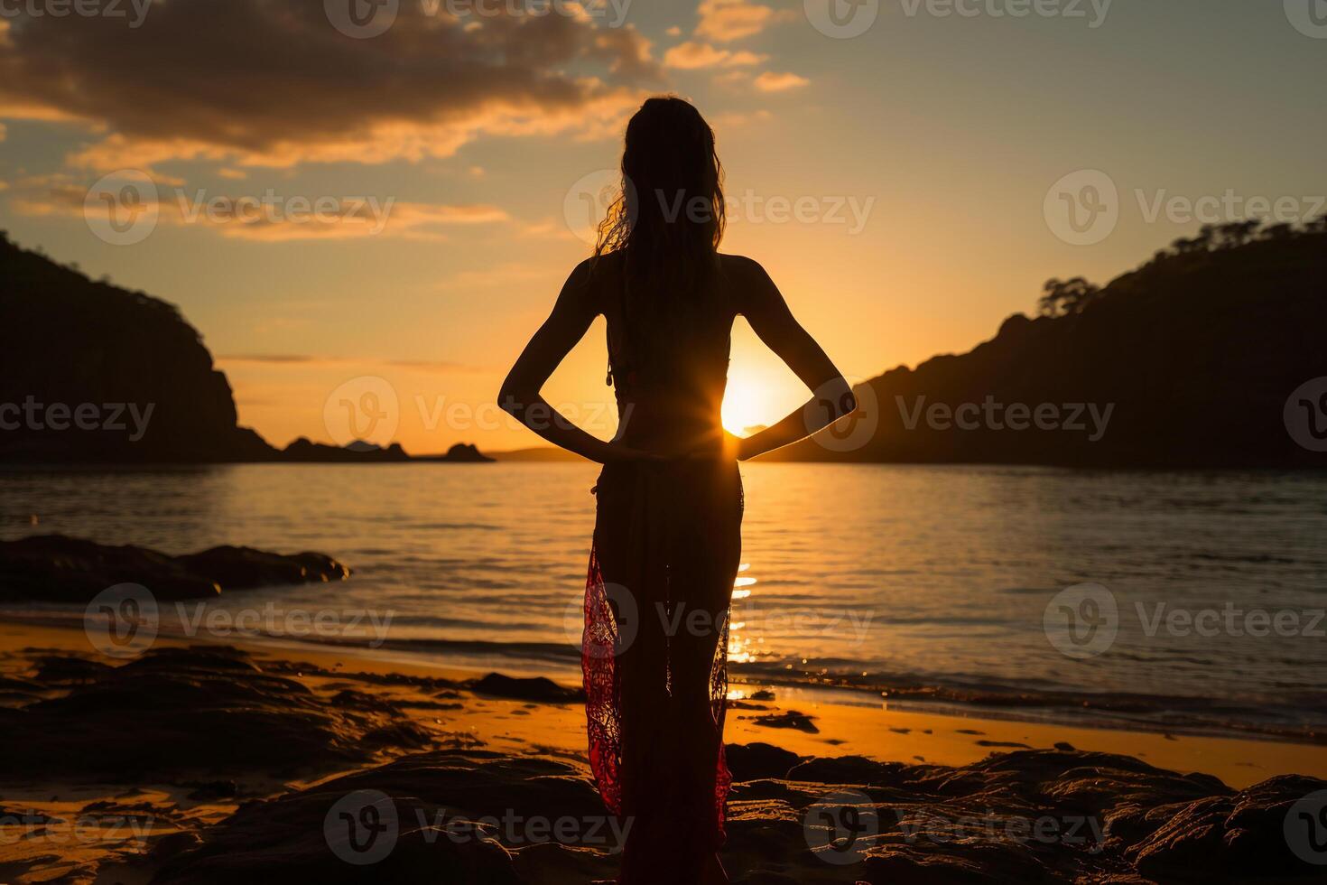 A cinematic and beautiful female active sportswear model, completing a yoga pose on a tranquil beach. photo