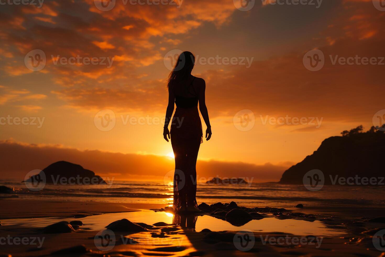 A cinematic and beautiful female active sportswear model, completing a yoga pose on a tranquil beach. AI generative photo