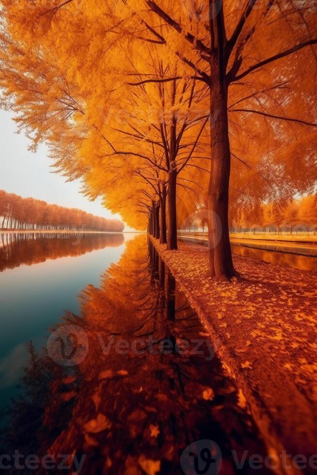 Stunning detail reflection of the golden and orange katsura trees around the natural round lake. AI generative photo