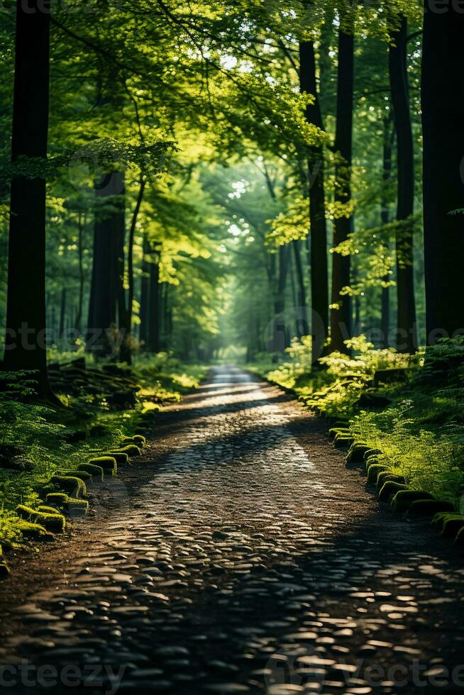 Summer, The sun shines brightly, Forest path. AI generative photo