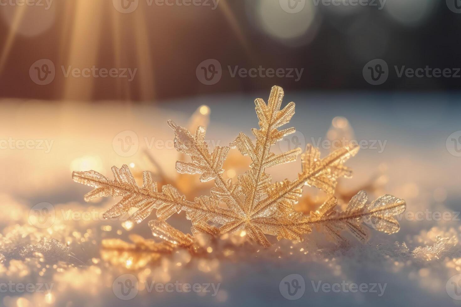 Macro photo of snow flakes falling, blurred background, hyper real, very detailed, sunbeams, 8k.