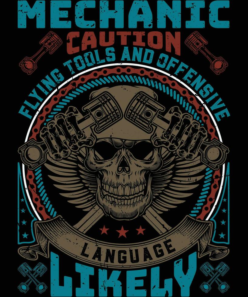 Mechanic caution flying tools and offensive language likely t  shirt design vector