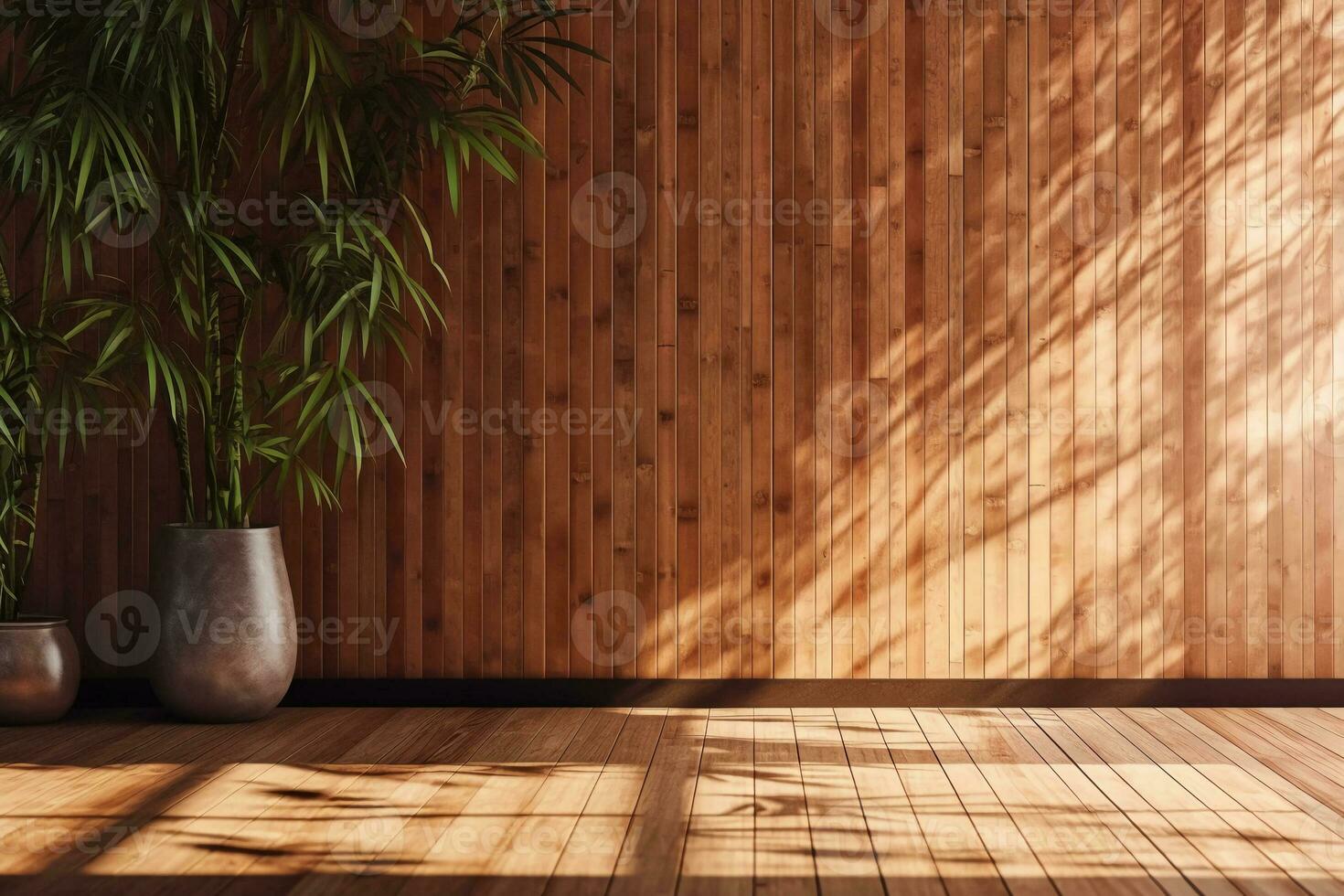 sunlight of tropical bamboo tree leaf shadow on brown wooden panel wall with wood grain. AI generative photo