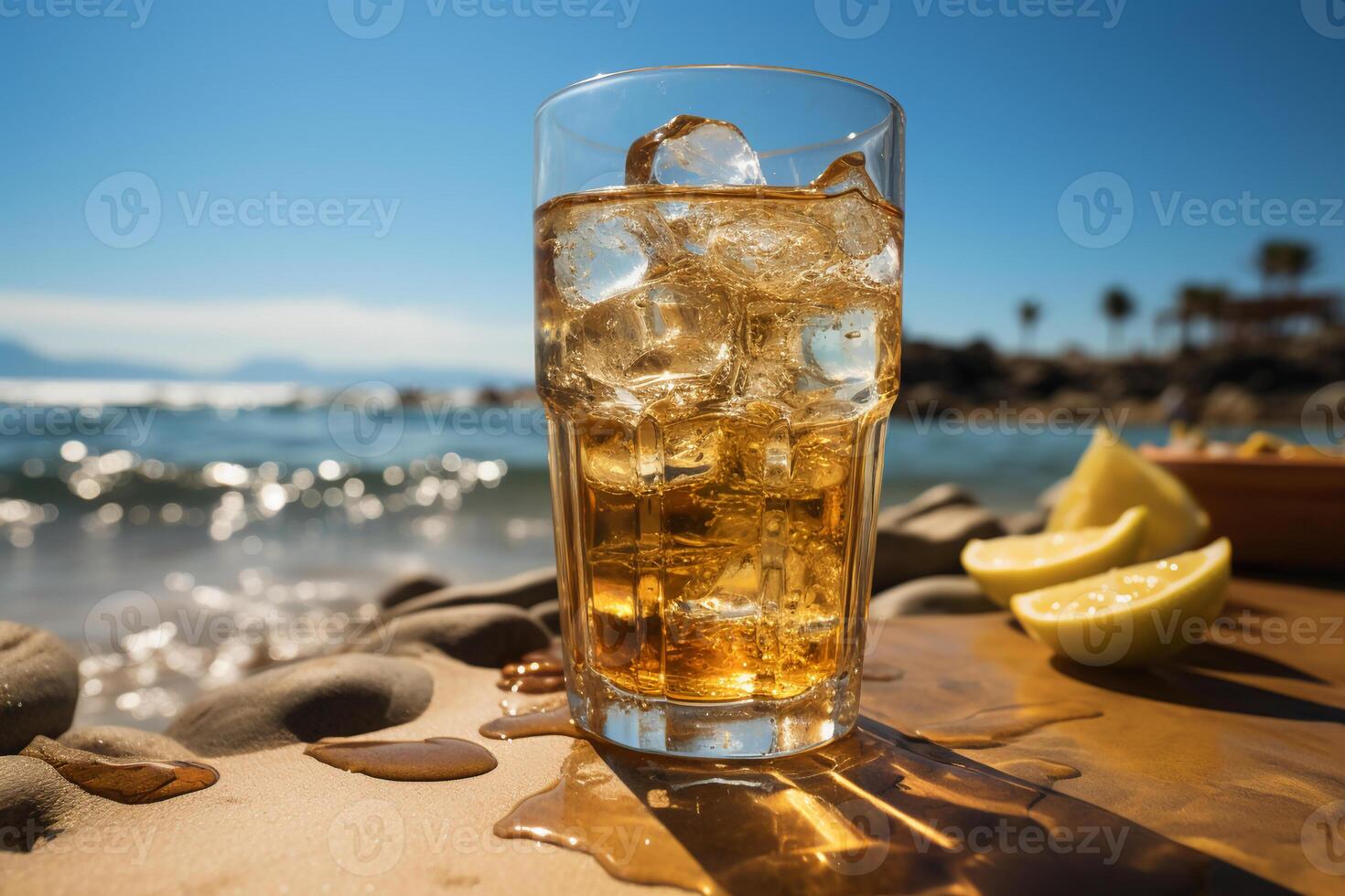 Icecold beer in glass on a beach. AI generative photo