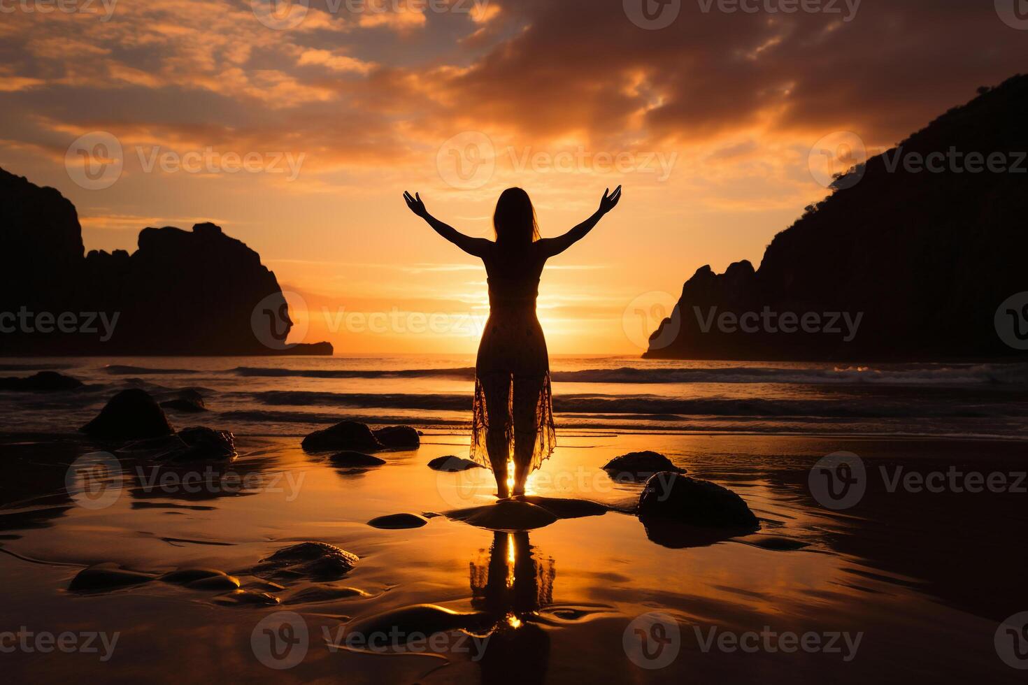 A cinematic and beautiful female active sportswear model, completing a yoga pose on a tranquil beach. photo