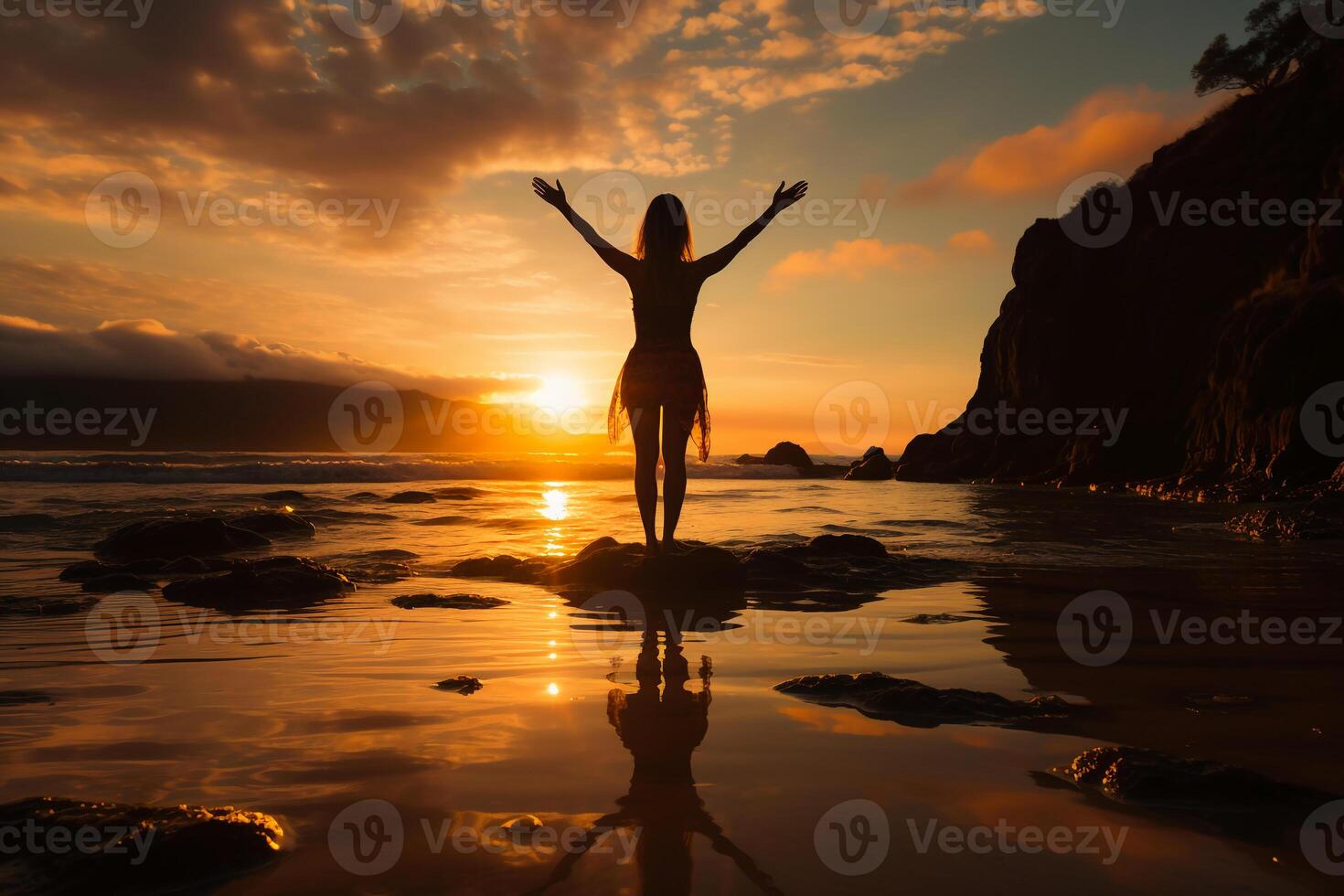 A cinematic and beautiful female active sportswear model, completing a yoga pose on a tranquil beach. photo