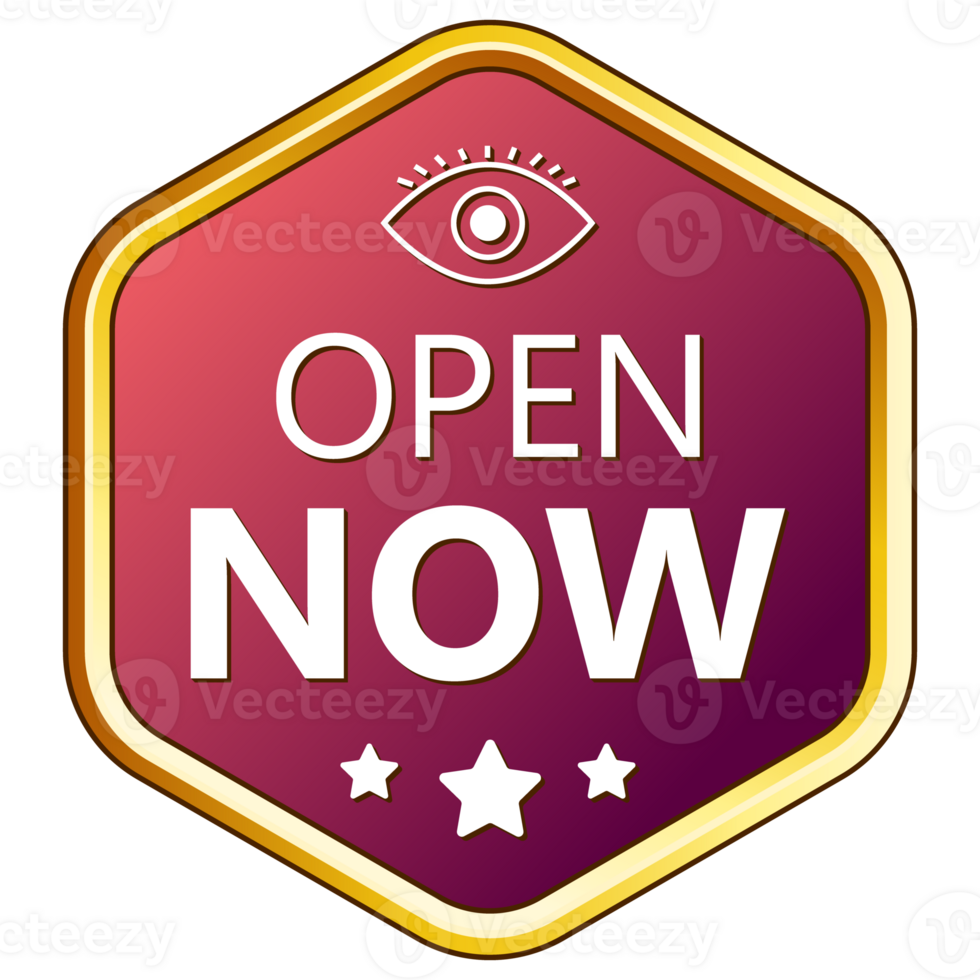 Open Now Rubber Stamp, Label, Emblem, Seal, Sticker, Patch, Banner, Design Element, 3D Realistic Shiny And Glossy Badge Design png