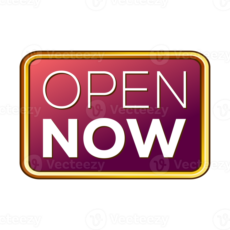 Open Now Rubber Stamp, Label, Emblem, Seal, Sticker, Patch, Banner, Design Element, 3D Realistic Shiny And Glossy Badge Design png
