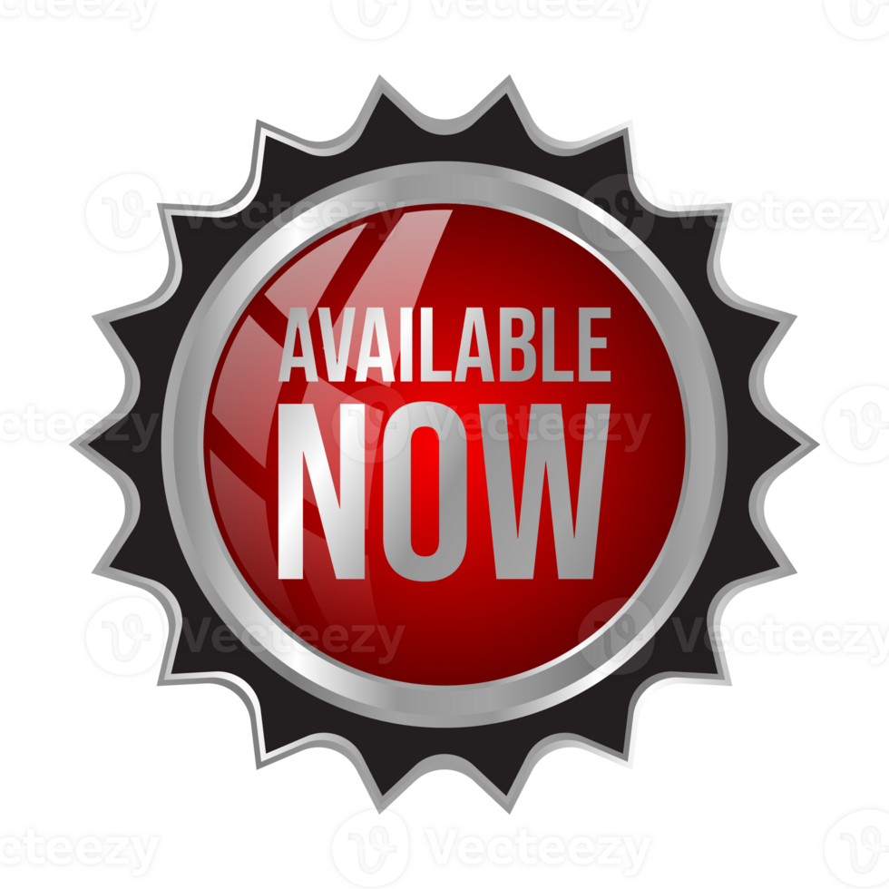 Available Now Button Design, Glossy and Shiny 3D Available Now Icon, Stamp, Badge For Retail Shop and Product, 24 by 7 Available Banner png